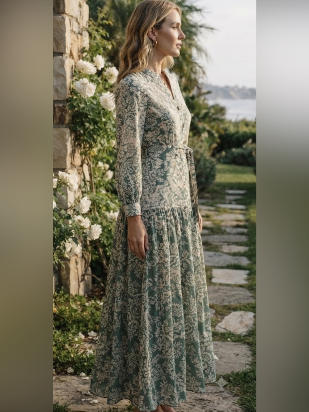 New Women's Green Paisley Maxi Dress with Long Sleeves one size - Picture 2 of 15